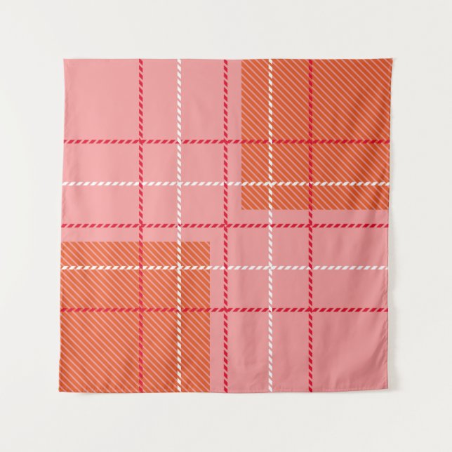Plaid Checkered Fabric Pattern in pink,  pale oran Tapestry (Front)