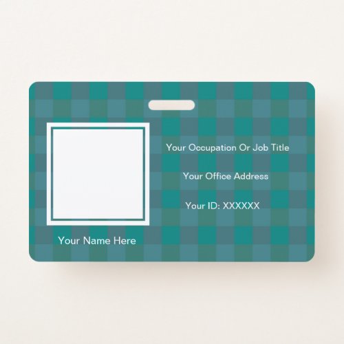 Plaid Checkered Teal Photo Text Templates Employee Badge