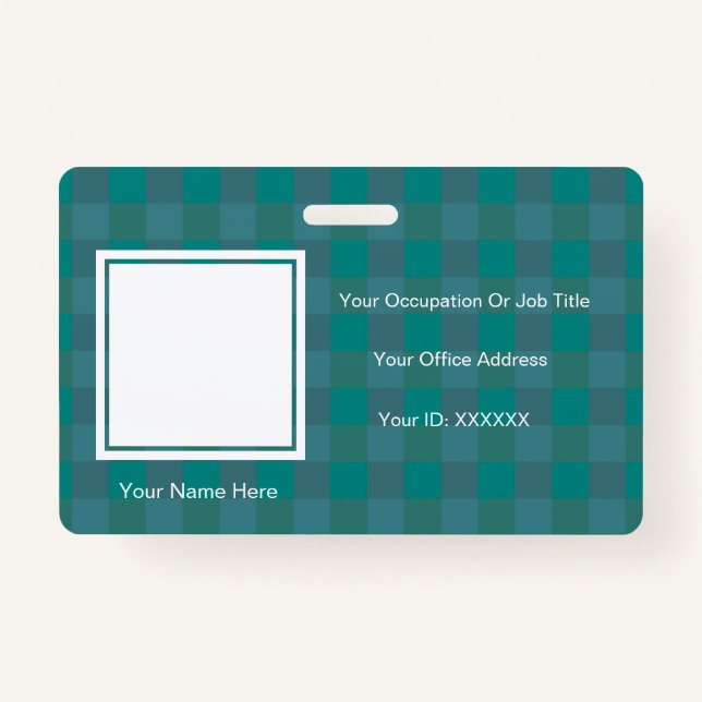 Plaid Checkered Teal Photo Text Templates Employee Badge (Front)