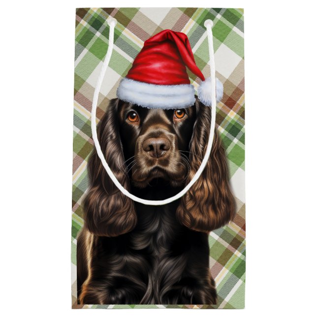 Plaid Chocolate Cocker Spaniel Christmas Dog  Small Gift Bag (Front)