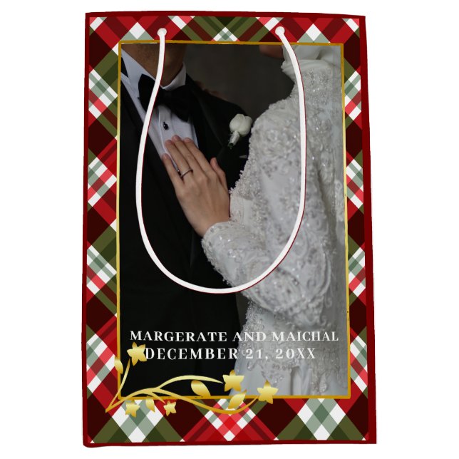 Plaid Christmas 1 Photo Married and Merry Medium Gift Bag (Front)