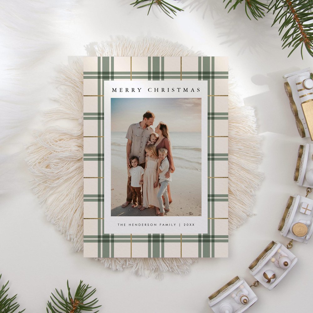 Image of a green plaid Christmas card
