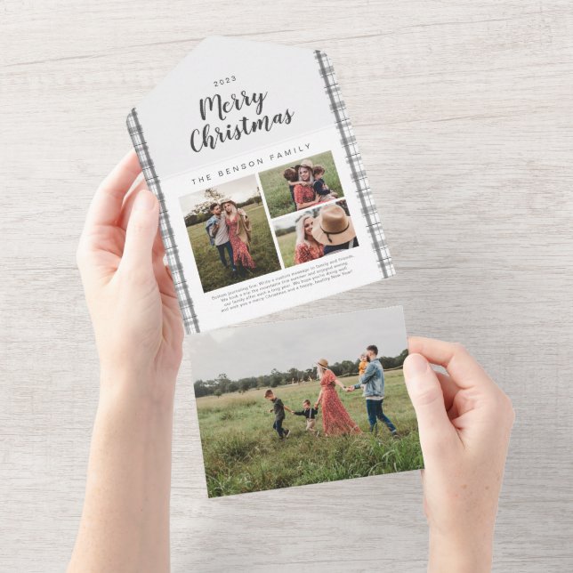 Plaid Christmas Charcoal 4 Photo Holiday All In One Invitation (Tearaway)