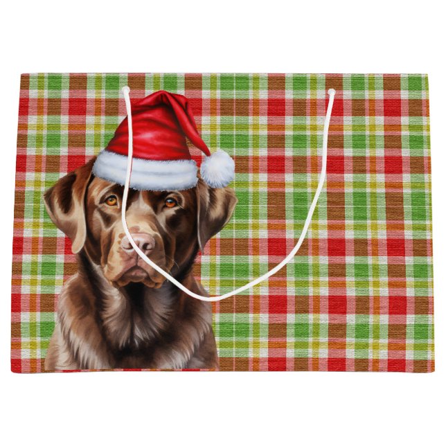Plaid Christmas Chocolate Labrador Retriever Dog  Large Gift Bag (Front)