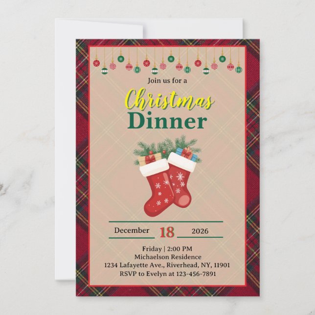 Plaid Christmas Dinner Invitation (Front)