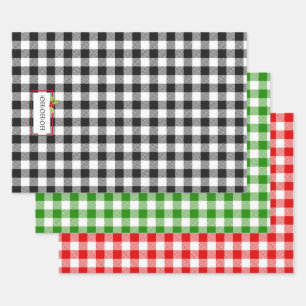 Plaid Christmas Holiday Black White Red Green Wrapping Paper Sheets