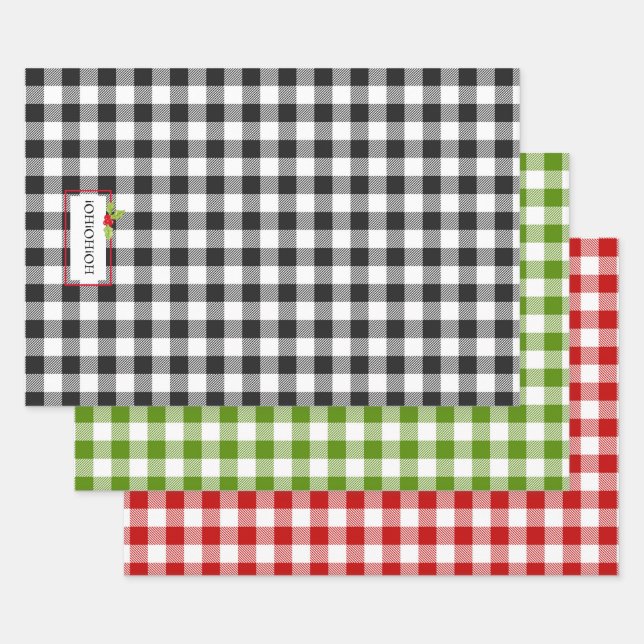 Plaid Christmas Holiday Black White Red Green  Wrapping Paper Sheets (Set)