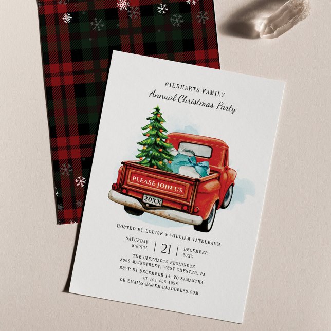 Plaid Christmas Holiday Family Party Rustic Invitation (Plaid Snowflakes Pattern Red Truck Christmas Party Invitation)