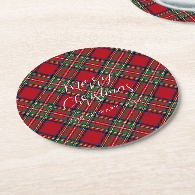 Plaid Christmas Holiday Script Stewart Tartan Round Paper Coaster (Angled)