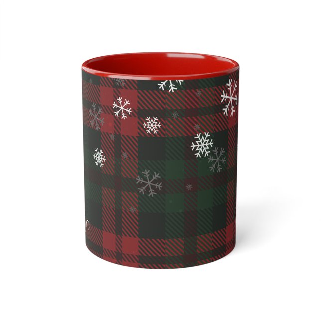 Plaid Christmas Holiday Snowflakes Personalized Two-Tone Coffee Mug (Rustic Plaid Snowflakes Christmas Holidays 11oz Coffee Mug Personalized)