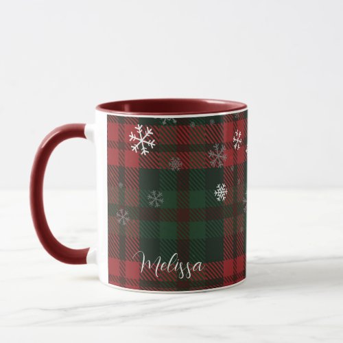 Plaid Christmas Holiday Snowflakes Red and Green Mug