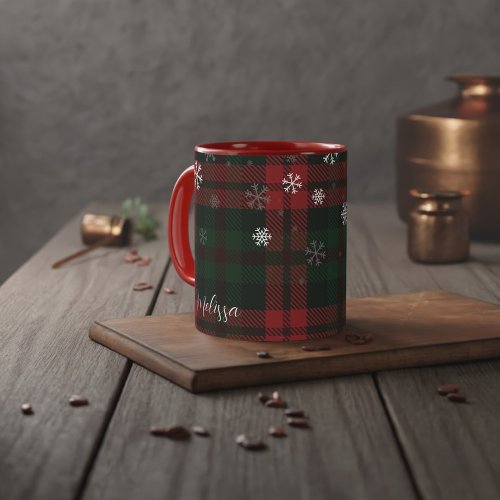 Plaid Christmas Holiday Snowflakes Red and Green Mug