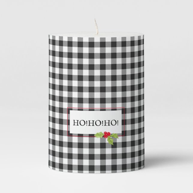 Plaid Christmas Holly Ho! Ho! Ho! Classic Holiday  Pillar Candle (Front)