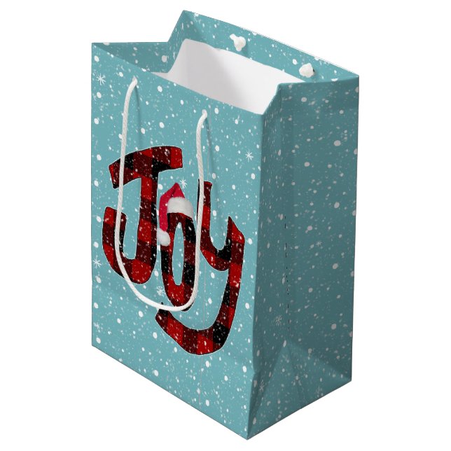 Plaid Christmas Joy On Snowflakes Medium Gift Bag (Front Angled)