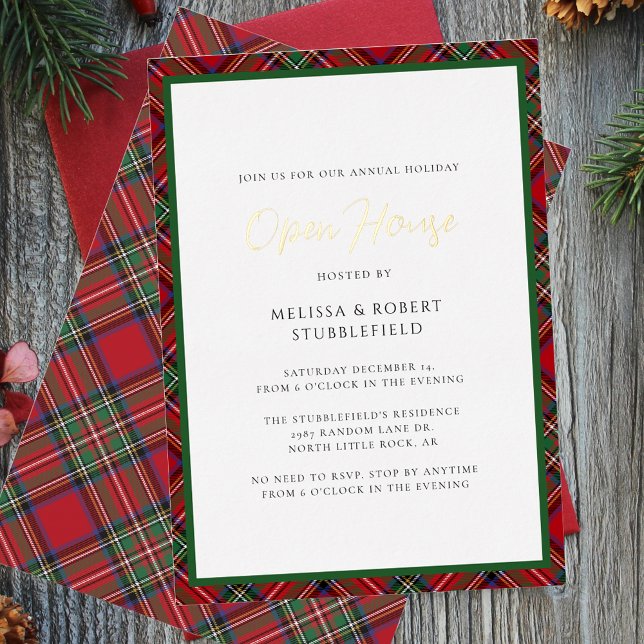 Plaid Christmas Open House Stewart Tartan Gold Foil Invitation (Christmas Holiday Open House Script Plaid Stewart Tartan Gold Script Invitation)