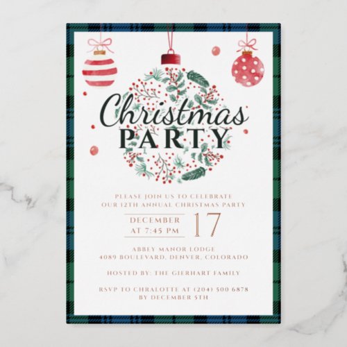 Plaid Christmas Party Campbell Tartan Rose Gold Foil Invitation