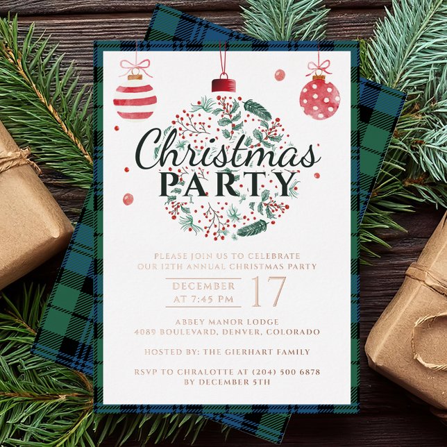 Plaid Christmas Party Campbell Tartan Rose Gold Foil Invitation (Plaid Christmas Party Rustic Campbell Tartan Rose Gold Foil Invitation)