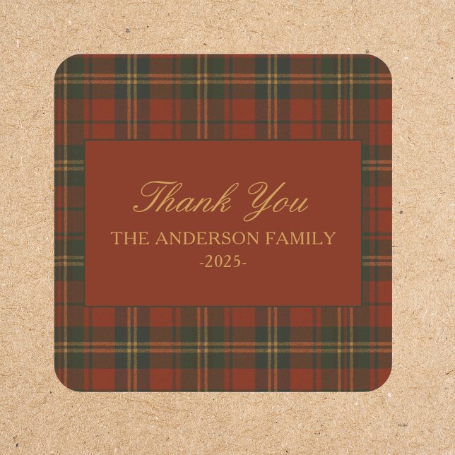 Plaid Christmas Party Classic Custom Thank You  Square Sticker (Creator Uploaded)