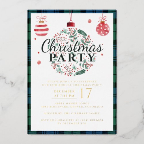 Plaid Christmas Party Rustic Campbell Tartan Gold Foil Invitation