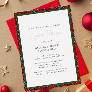 Plaid Christmas Party Stewart Tartan Rose Gold Foil Invitation