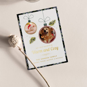 Plaid Christmas Pet Photos Gordon Tartan Gold Foil Holiday Card