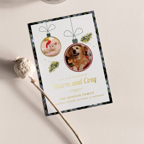 Plaid Christmas Pet Photos Gordon Tartan Gold Foil Holiday Card