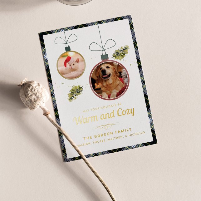 Plaid Christmas Pet Photos Gordon Tartan Gold Foil Holiday Card (Plaid Pet Photos Christmas Greetings Card)