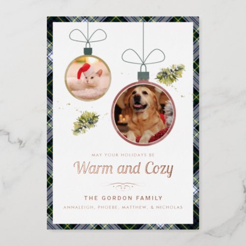 Plaid Christmas Pet Photos Gordon Tartan Rose Gold Foil Holiday Card
