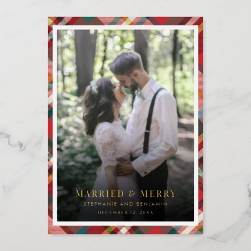 Plaid Christmas Photo Married and Merry Gold Foil Holiday Card
