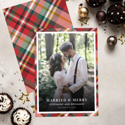 Plaid Christmas Photo Married and Merry Holiday Card