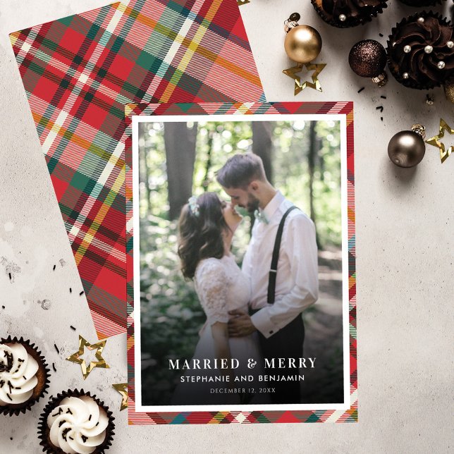 Plaid Christmas Photo Married and Merry Holiday Card (Newlywed Wedding Photo Plaid Christmas Greeting Card)