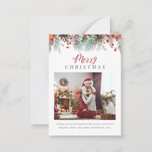 Plaid Christmas Photo Rustic Botanical Note Card (Front)