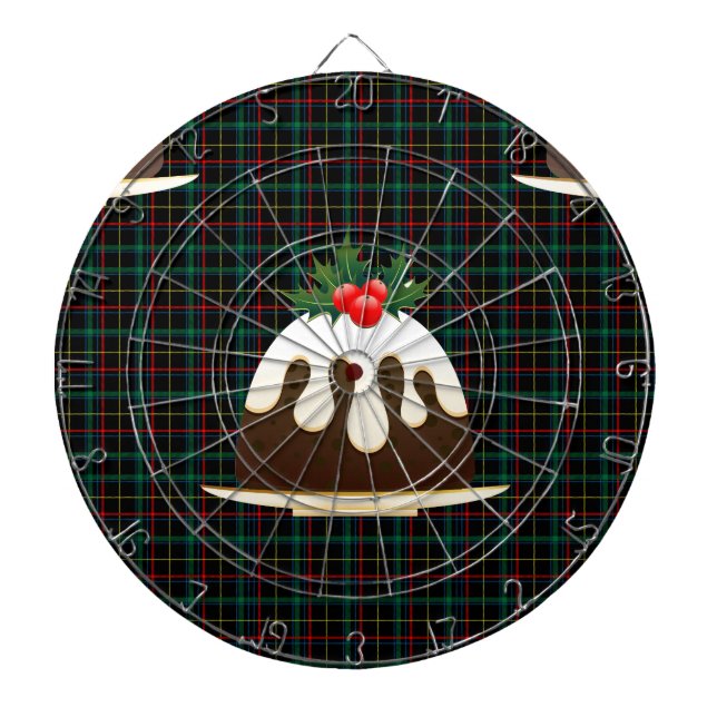 plaid christmas puddings dartboard with darts (Front)