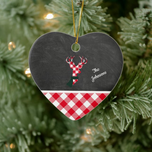 Plaid Christmas Reindeer Chalkboard Personalized Ceramic Ornament (Tree)
