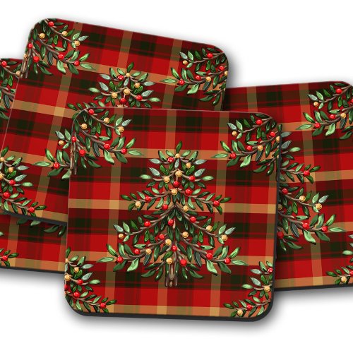 Plaid Christmas Tree  Christmas Cork Coaster Set