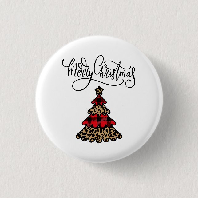 Plaid Christmas Tree Design Merry Christmas Button (Front)