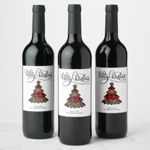 Plaid Christmas Tree Design Merry Christmas Wine Label