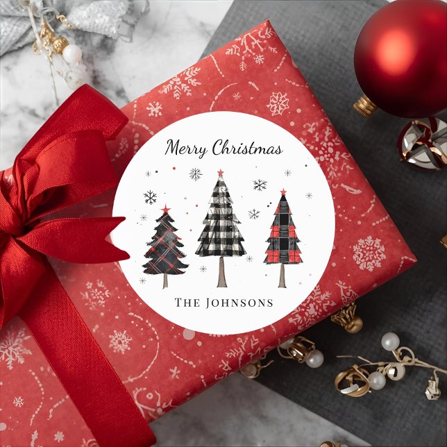Plaid Christmas Tree Family Name  Classic Round Sticker (Creator Uploaded)