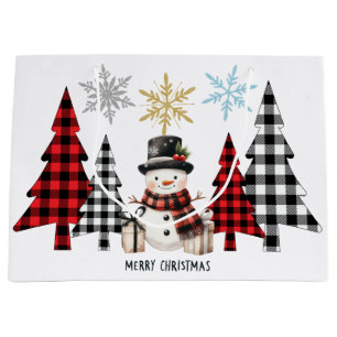 Plaid Christmas Tree Snowman - Festive Wrapping Large Gift Bag
