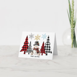 Plaid Christmas Tree Snowman - Merry Christmas Card