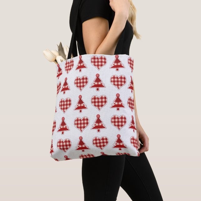 Plaid Christmas Trees and Hearts Pattern Tote Bag (Close Up)