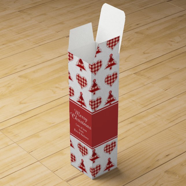 Plaid Christmas Trees and Hearts Personalised Wine Box (Opened)