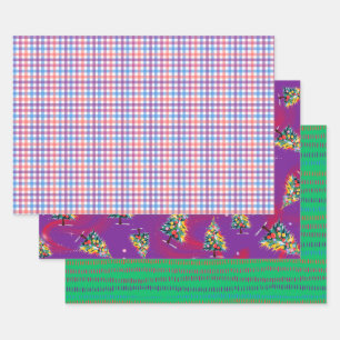 Plaid, Christmas Trees, & Green Dash, 3-Pack Matte Wrapping Paper Sheets