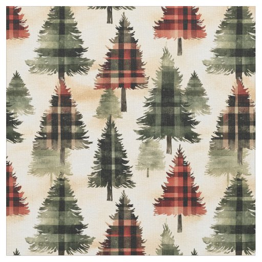 Plaid Christmas Trees on Beige Fabric
