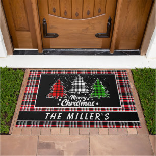 Plaid Christmas Trees with Family Name Doormat