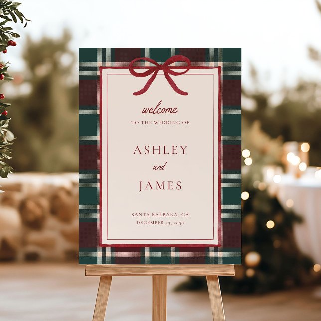 Plaid Christmas Wedding Tartan Welcome Sign (Burgundy green plaid Christmas wedding welcome sign with red bow, perfect for winter ceremony decor.)