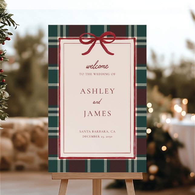 Plaid Christmas Wedding Tartan Welcome Sign (Burgundy green plaid Christmas wedding welcome sign with red bow, perfect for winter ceremony decor.)