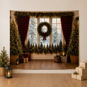 Plaid Christmas Window Family Photo Backdrop