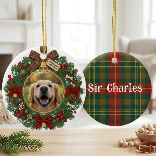 Plaid Christmas Wreath Festive Graphic Ceramic Ornament (Pet photo christmas photo ornament)