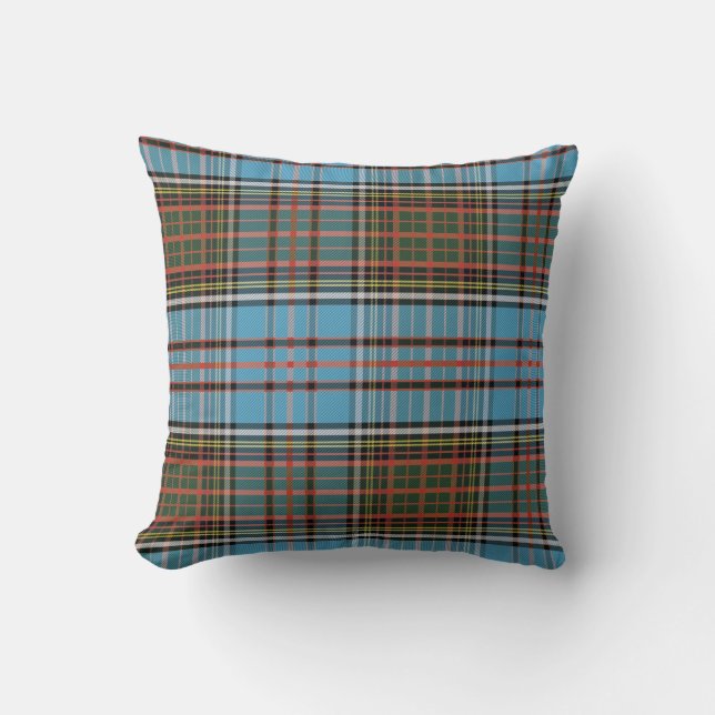 Plaid Clan Anderson Sky Blue Brown Check Tartan Throw Pillow (Front)